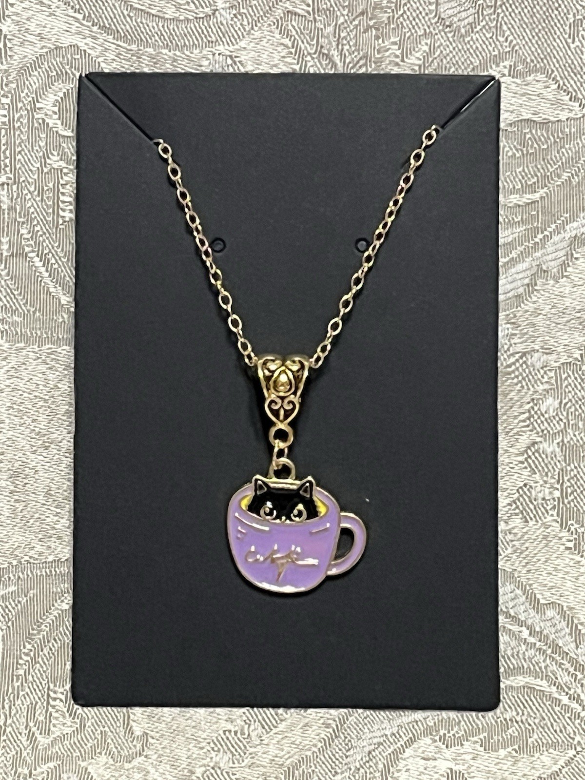 Cat Purple Coffee Cup Enamel Pendant Gold Bohemian Novelty Fashion Necklace 18”