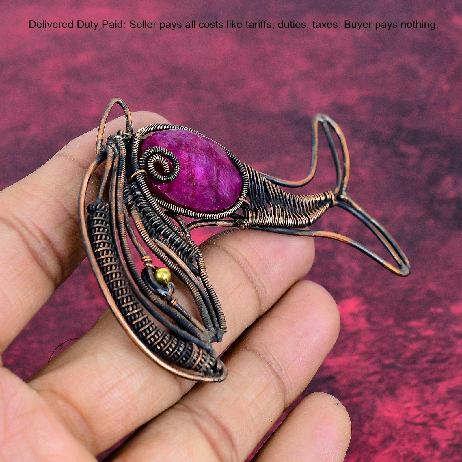 Kashmir Rubi Stone Copper Anniversary Graduation Wire Wrapped And Fish Pendant