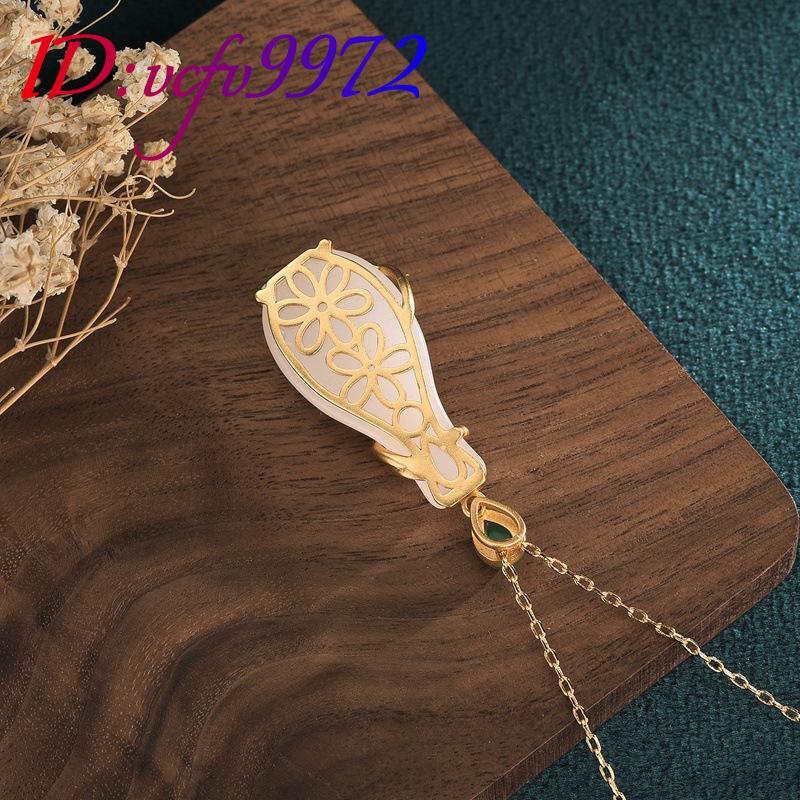 White Natural Jade Vase Pendant Necklace Real Jewelry 18K Gold Plated Designer