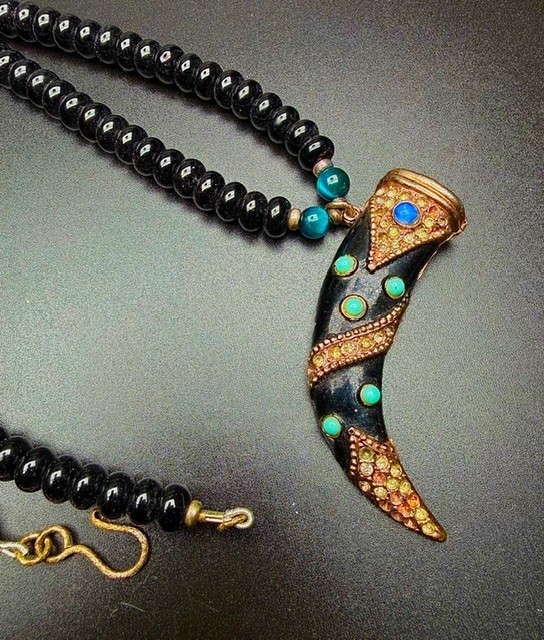 Black Gold Tone NecklaceHorn Pendant Blue Accents Black Beaded Unisex Adult