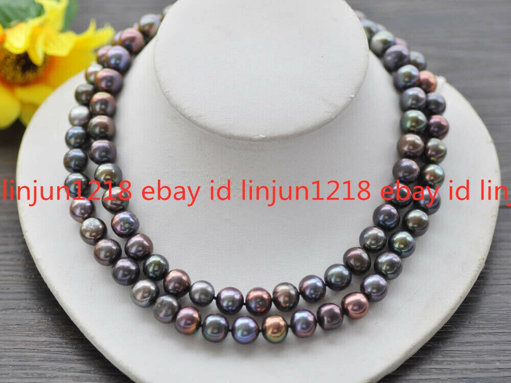 7-8mm Round Peacock-Black Freshwater Round Beads Pearl Necklace 18/24/30/36/50”