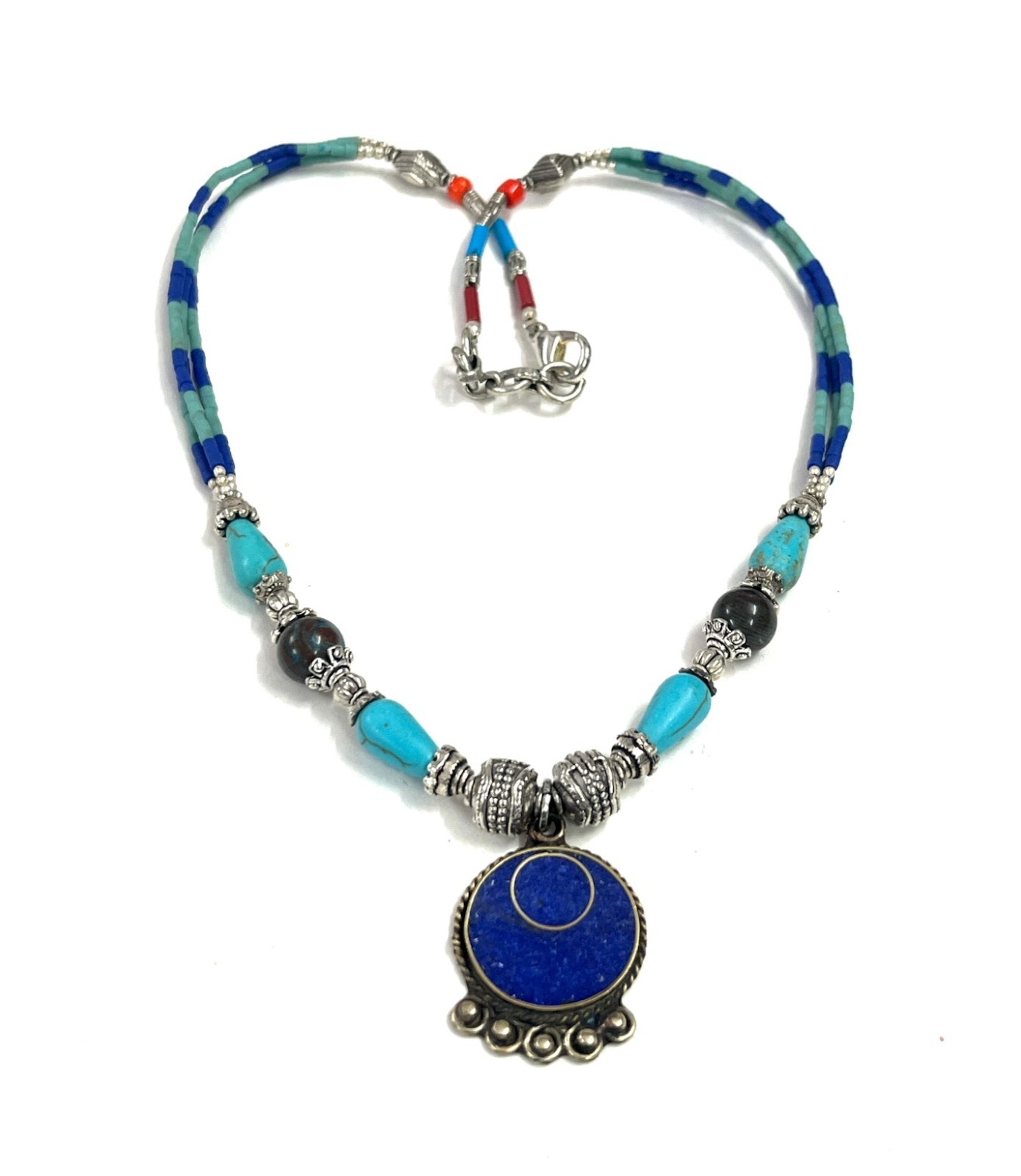 Nepalese Lapis Turquoise Gemstone Tibetan Necklace Jewelry, 17 inch Adjus