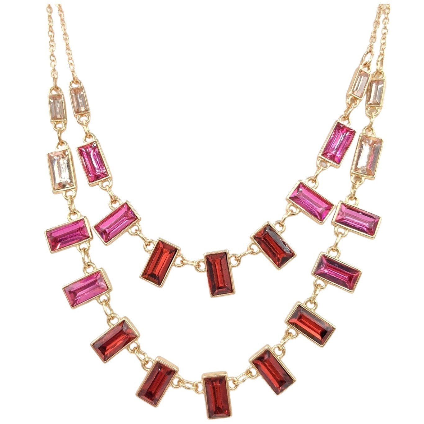Gold Tone Ombre Red Pink Rhinestone Necklace Emerald Cut Two Strand 16-19″