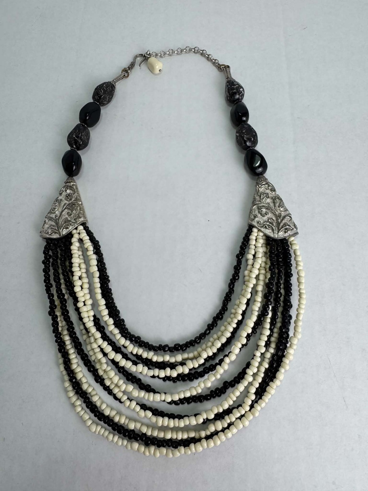 Chic Black White Multi-Strand Beaded Statement Necklace Silver Tone Accents
