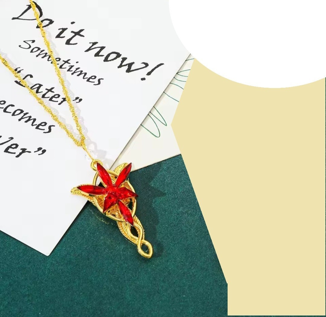 Red on Gold Arwen Evenstar Necklace Aragorn Elven LOTR Lord of Ring & Velvet Bag