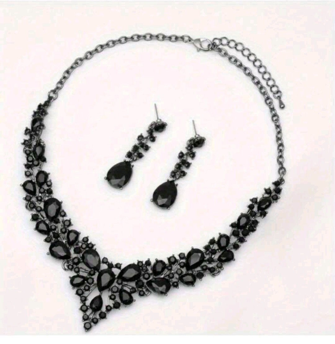 Black Plated Necklace Earring Set Chocker With Black Zirconia Gothic