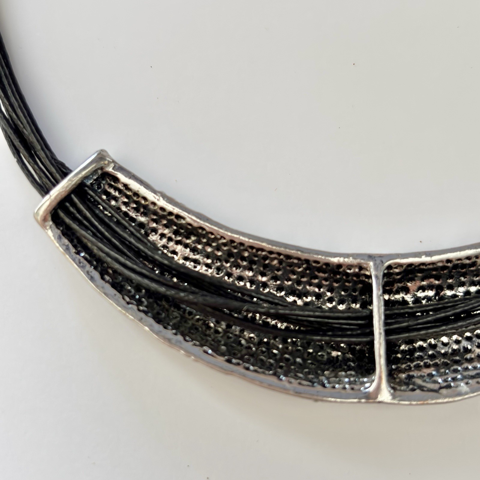Choker Necklace Adjustable Multi Strand Black Cord Engraved Silver Toned Accent