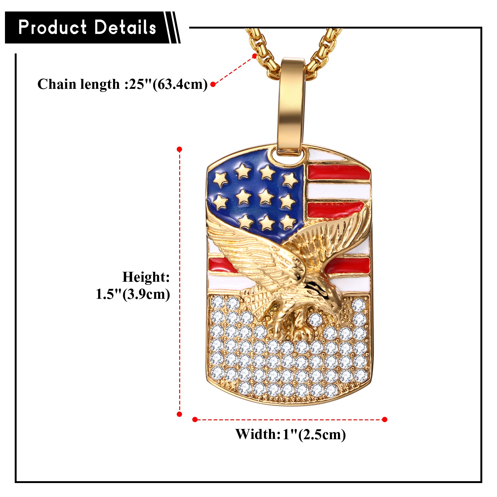 Men Bling CZ Eagle USA Flag Patriotic Dog Tag Spiritual Biker Necklace 25″ Chain