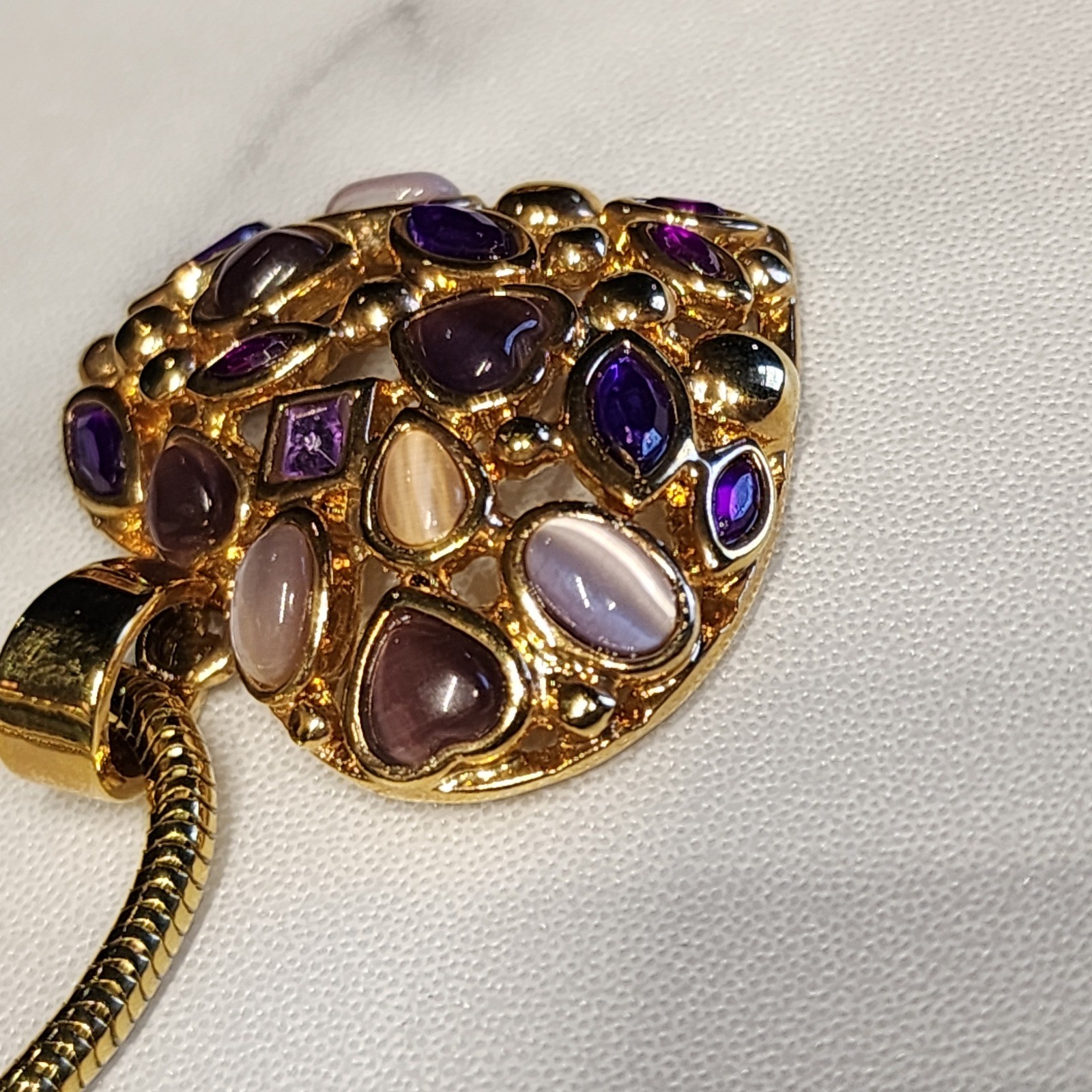 Roman Heart Pendant Necklace Gold Tone Purple Pink Cabochon Stone Snake Chain