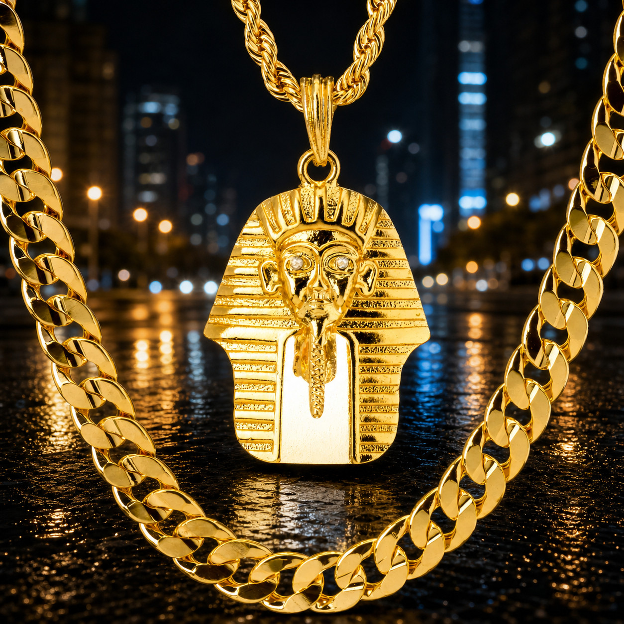 Mens Gold Plated Egyptian Pharaoh Pendant 22″ Rope Chain 30″ Concave Cuban Chain