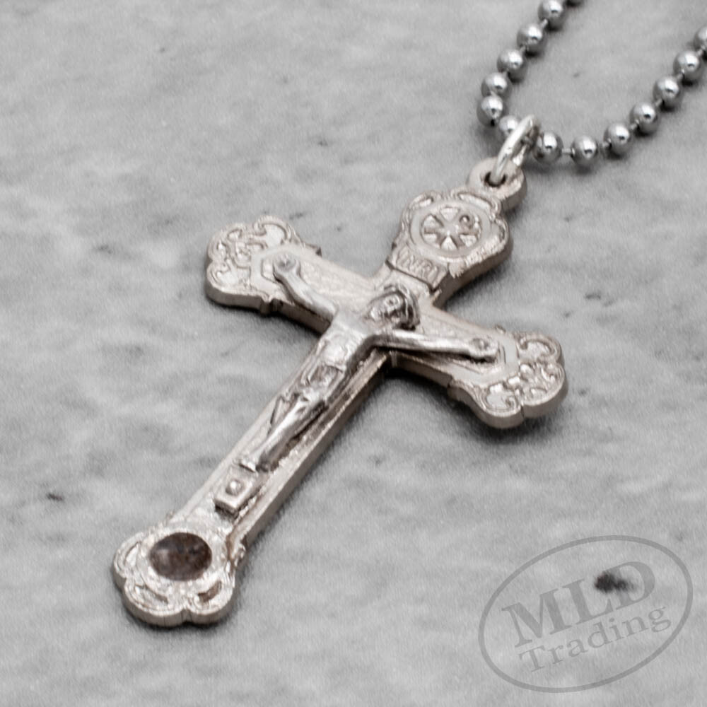 Relic Crucifix Pendant Necklace w Roman Catacombs Dirt Silver Plate Cross Italy