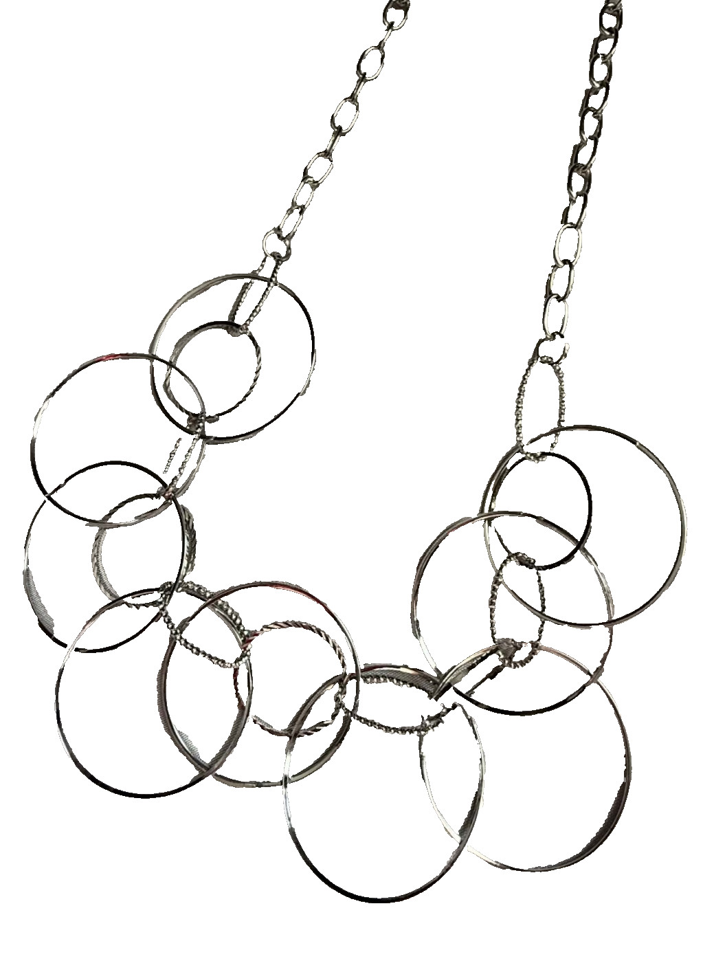 NEW Silver Tone Hoop Necklace Multiple Layers Interconnected Variated Circles