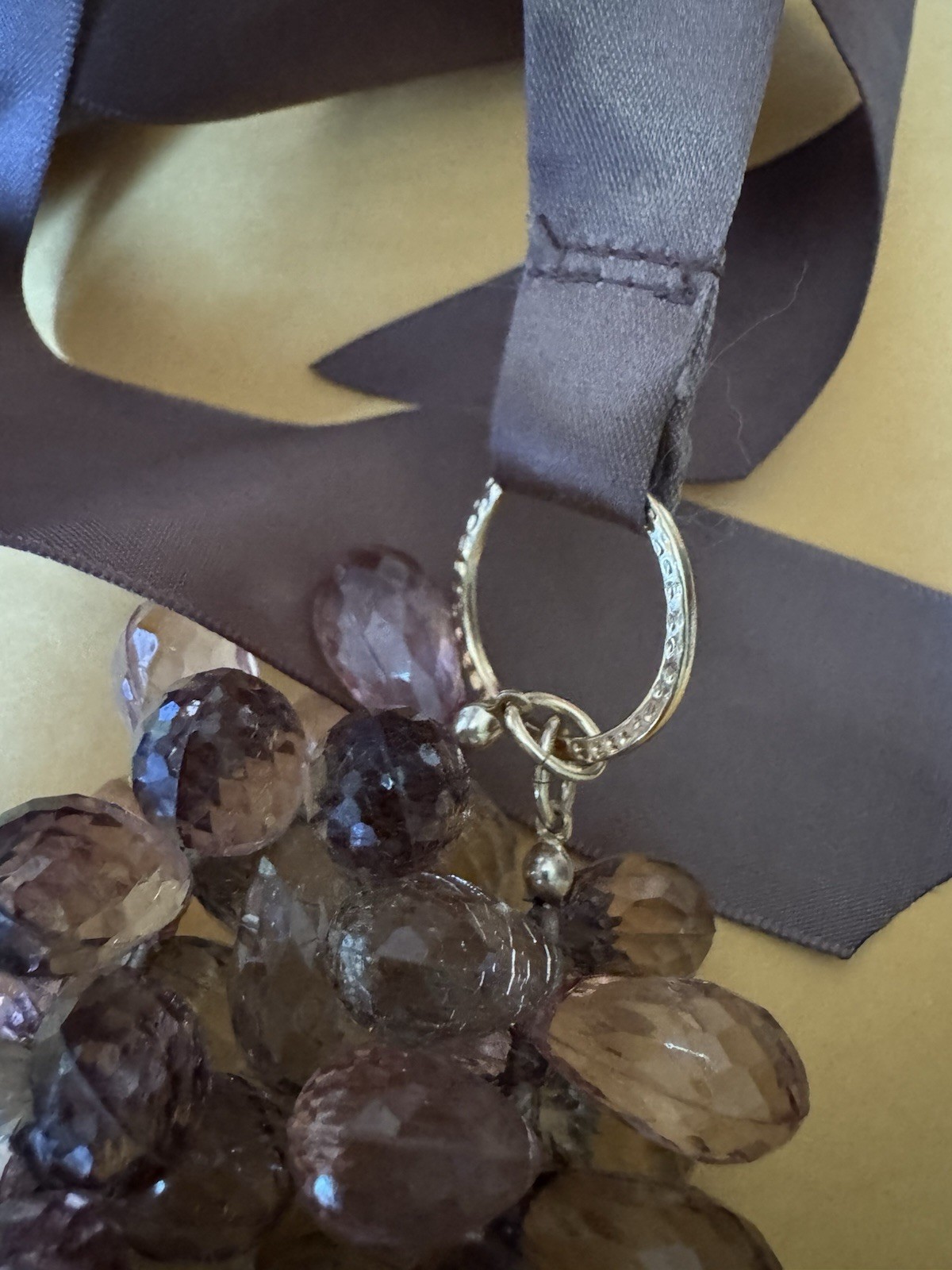 Statement Necklace Cluster Faceted Clear Purple Glass Gray Drop Beads Ribbon Tie