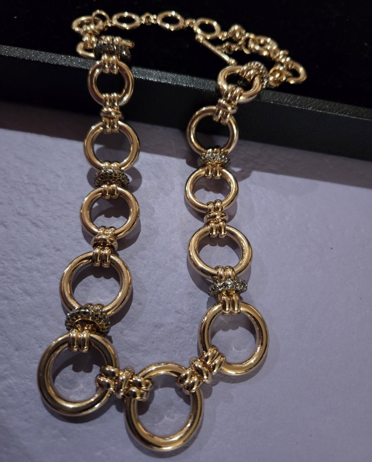 Gold Tone Round Link Chain Necklace, Toggle Closure, 6 Crystal Rings In Design