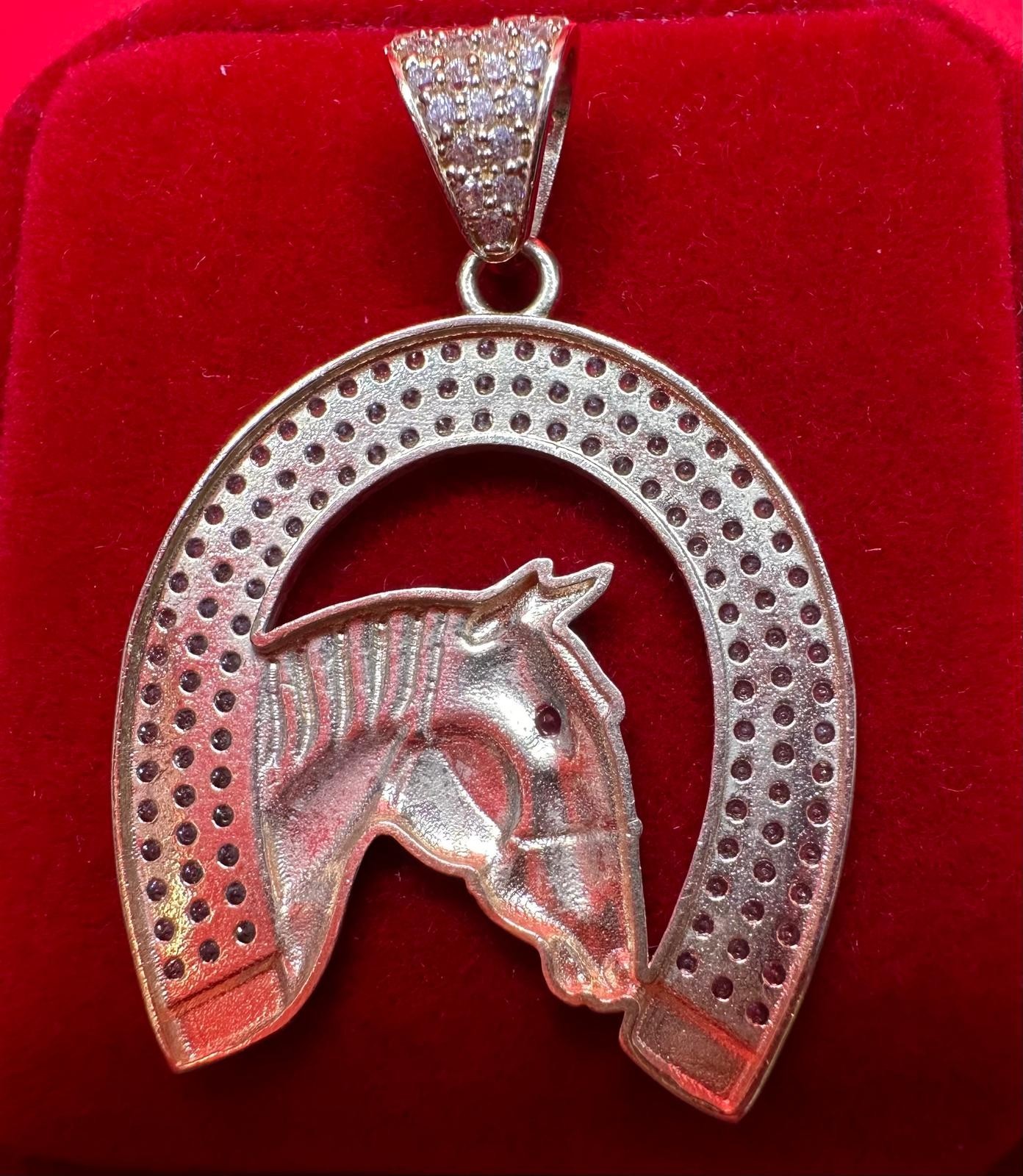 14K Yellow Gold Horseshoe Horse Head Pendant Cubic Zirconia/Ruby