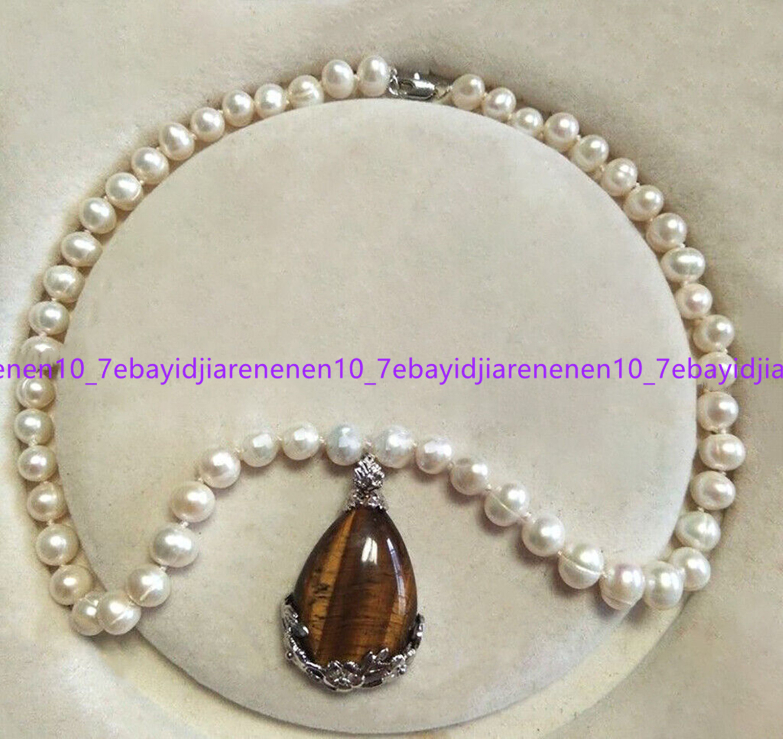 Natural 7-8/8-9mm White Pearl Yellow Tiger’s Eye Drop Pendant Necklace 16-24 in