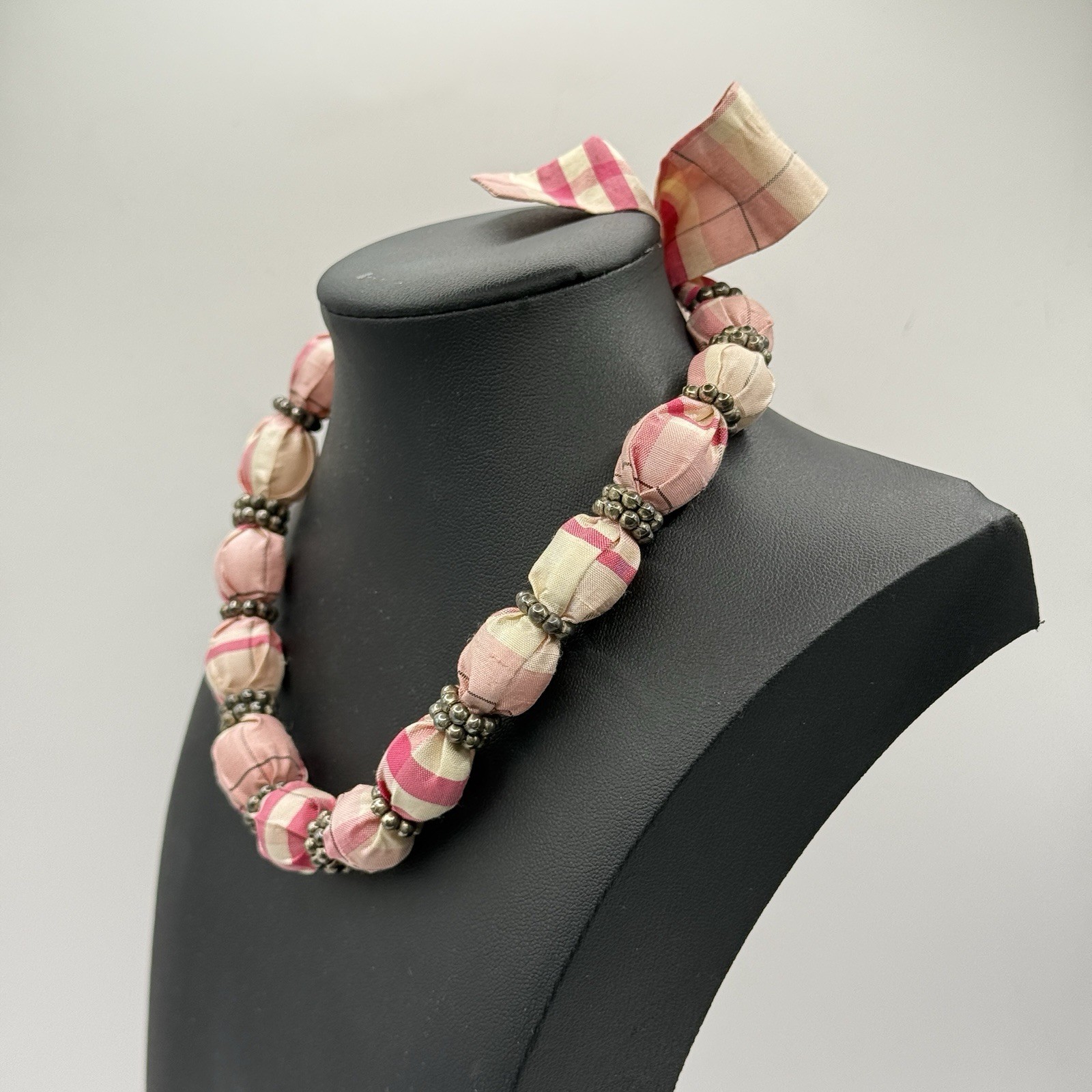 Pink Plaid Fabric Tie Back Necklace PEAPODS.ORG Preppy Adjustable Beaded Girly