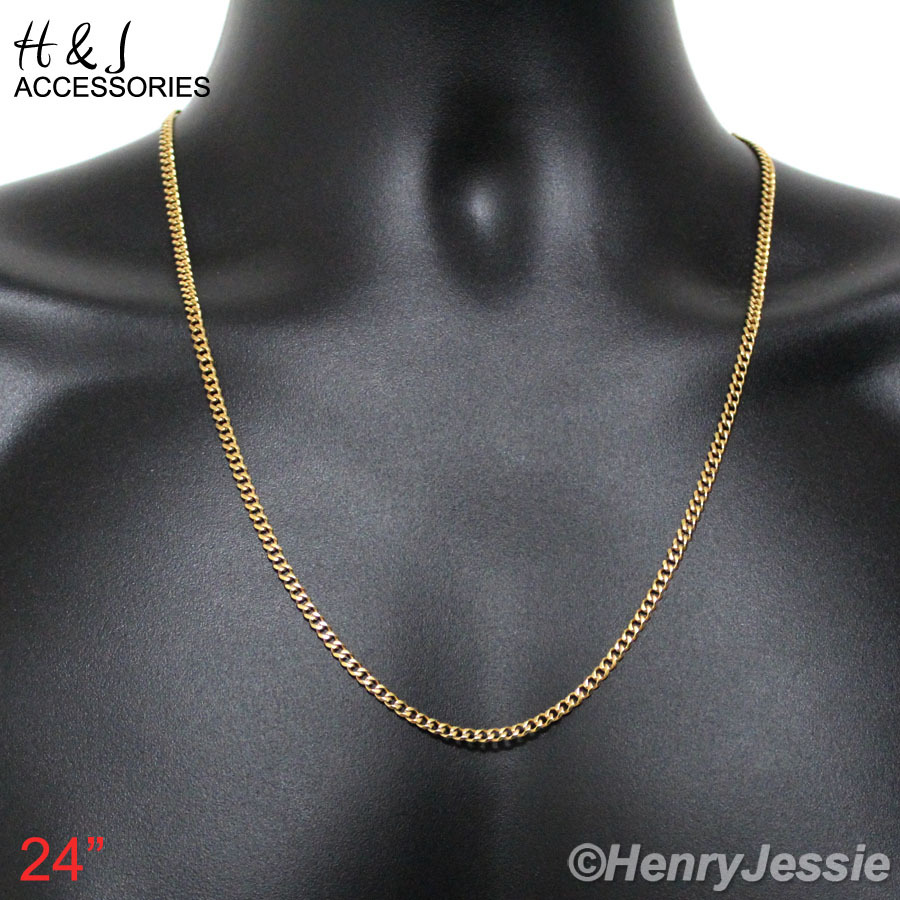 18-36″MEN Stainless Steel 3mm Gold Plated Curb Chain Green Rhinestone Pendant*98