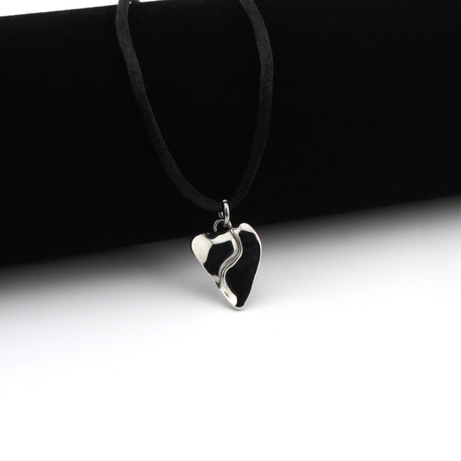 Silver Heart Pendant Necklace Black Satin Silk Cord Stainless Steel Jewelry
