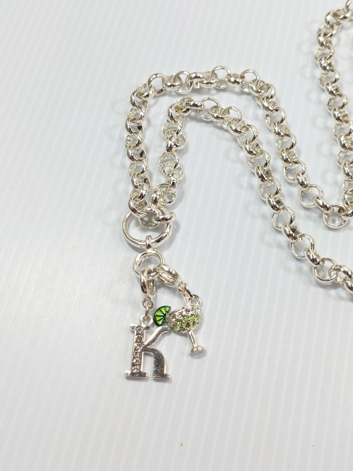 Silver Tone Initial Letter K Crystal Cocktail Margarita Pendant Necklace 28 Inch