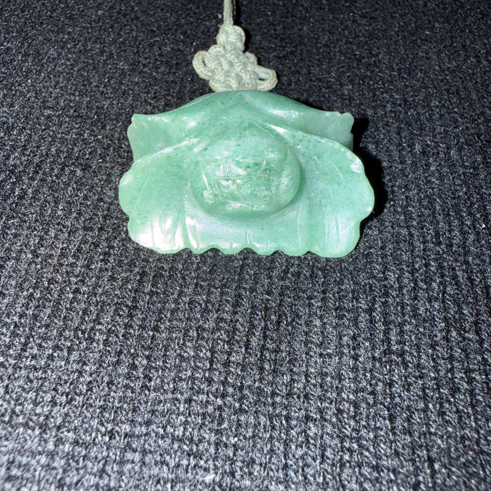 Jade “Flower” Necklace 15in Drop, On Cord.