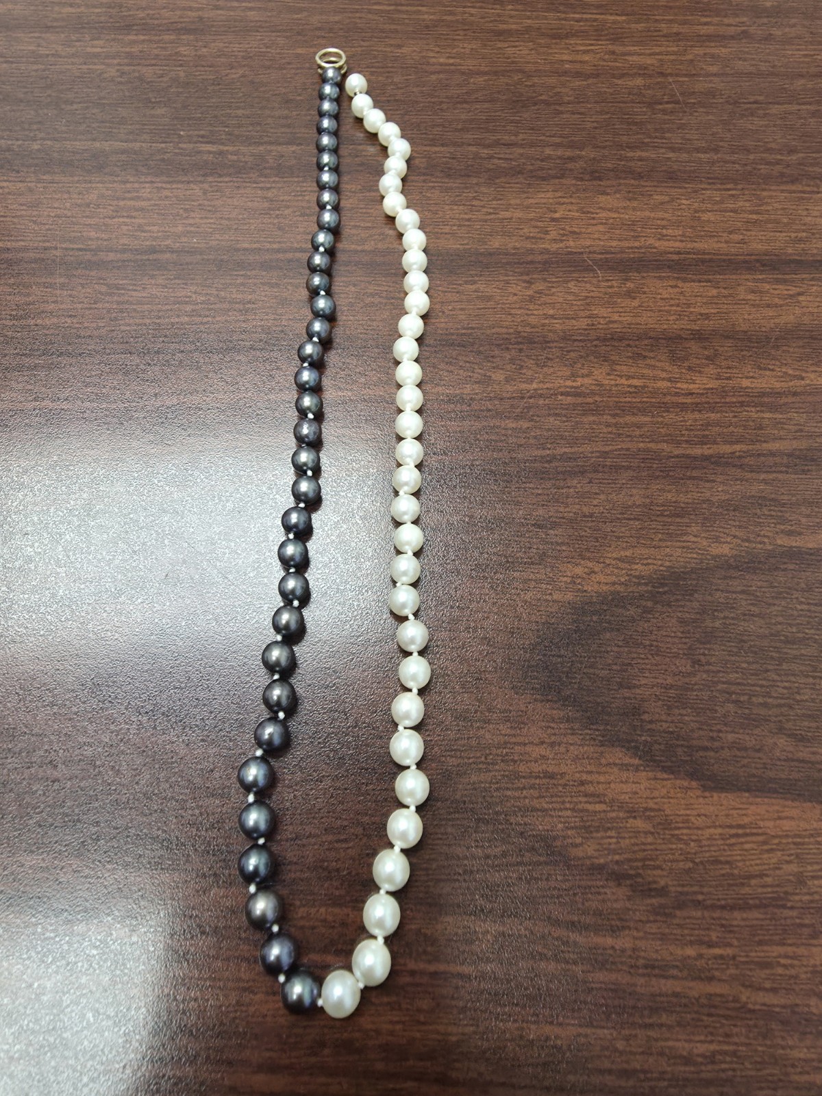 Black & White Round Pearl Beaded Strand Necklace, Yellow Gold Spring Ring 14K