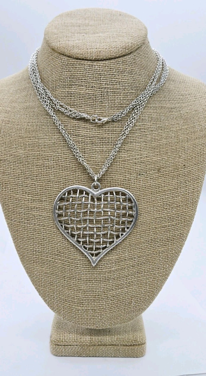 HEART Pendant Layered Necklace Cut-Out Silver tone 30 in Modern Modernist