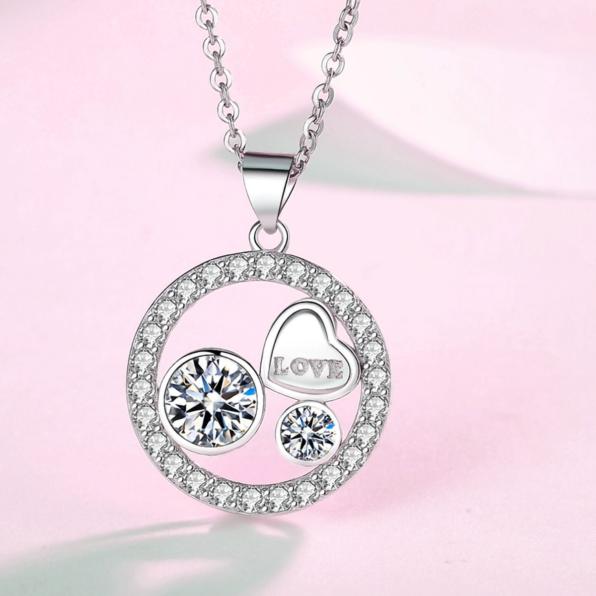 Love Circle Pendant Necklace with CZ Stones 14k White Gold Plated Women Necklace