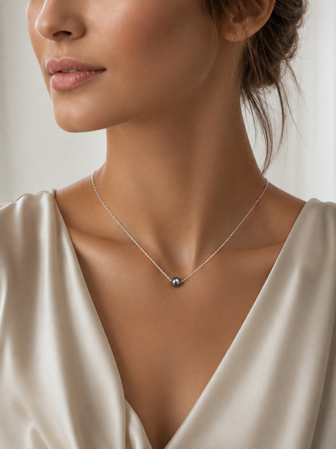 Necklace 7mm Black Pearl 15-17″ Adjustable Sterling Silver Chain Thailand Gift
