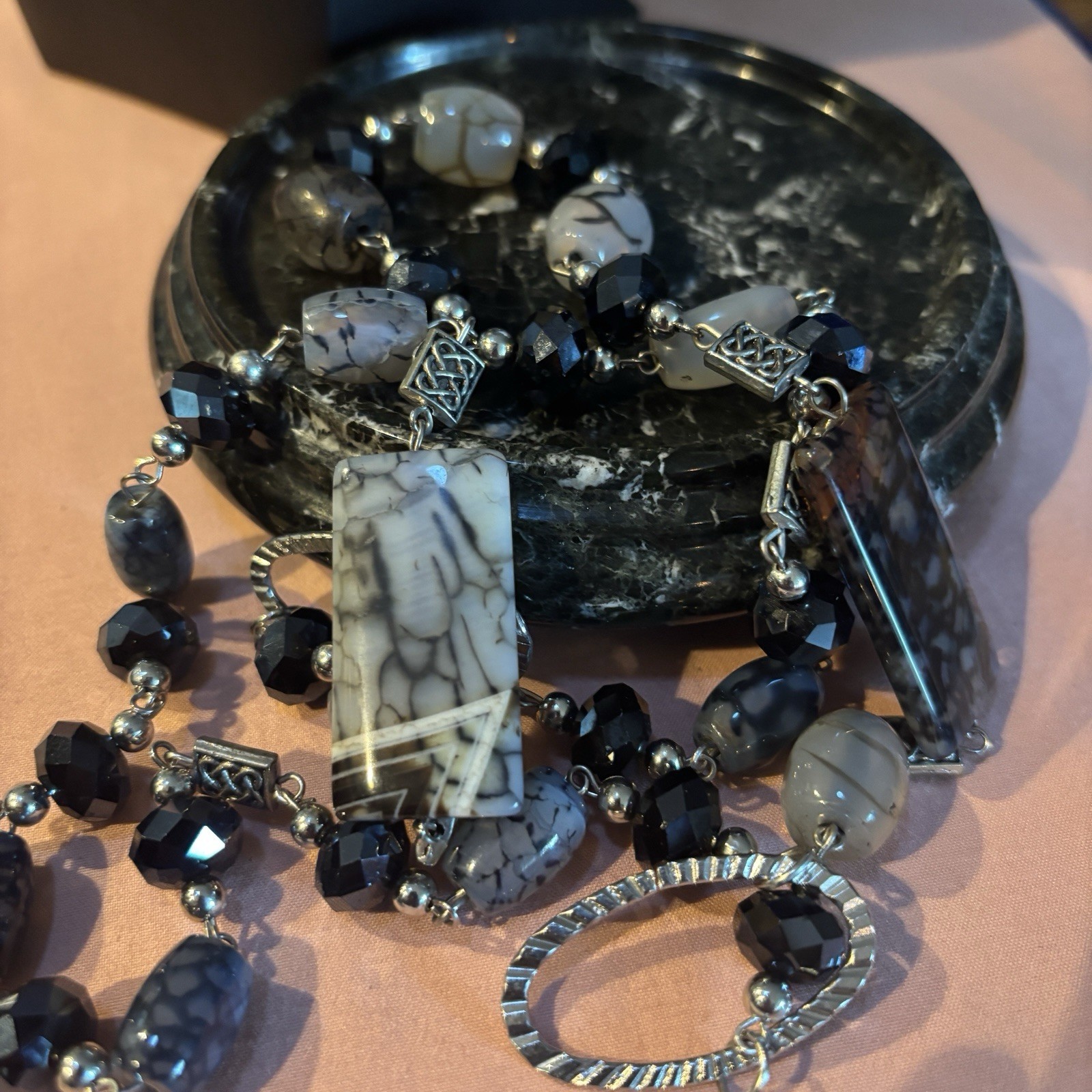 Vintage Boho Long Silver Chain Necklace Mixed Grey Black Agate Stone Beads 32”