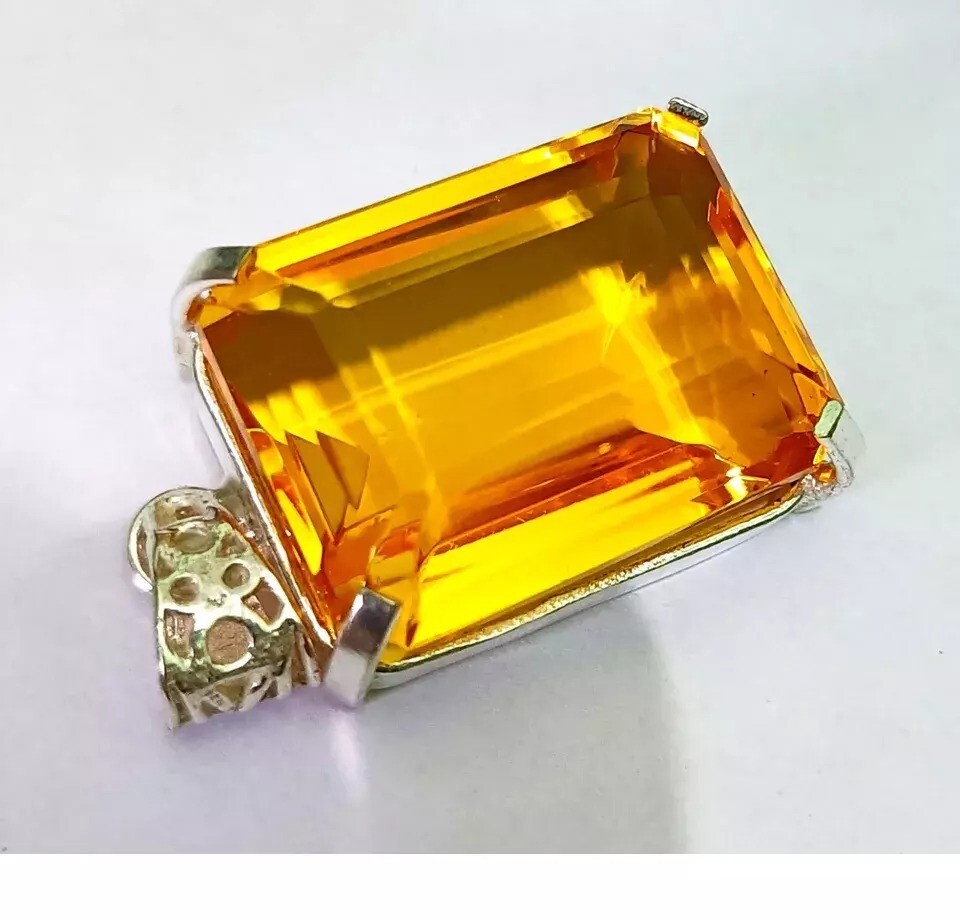 Natural Emerald Cut Yellow Citrine 94 Ct 925 Solid Sterling Silver Pendant Gem