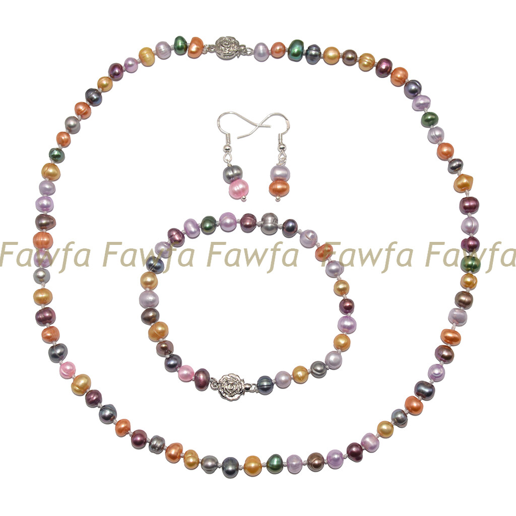 Natural Multicolor 6-7mm Freshwater Pearl Necklace Bracelet Earrings Jewelry Set