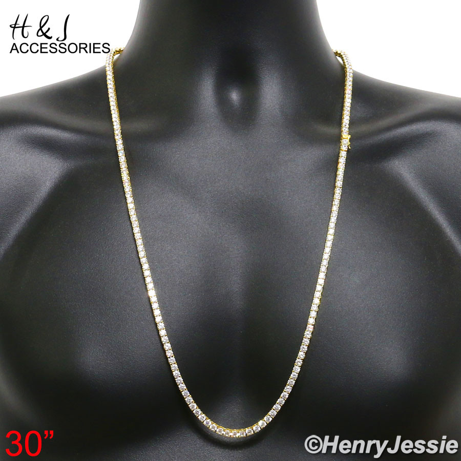 MEN 14K GOLD PLATED 16″-30″X4MM GOLD BLING 1 ROW TENNIS CZ CHAIN NECKLACE*BGN2