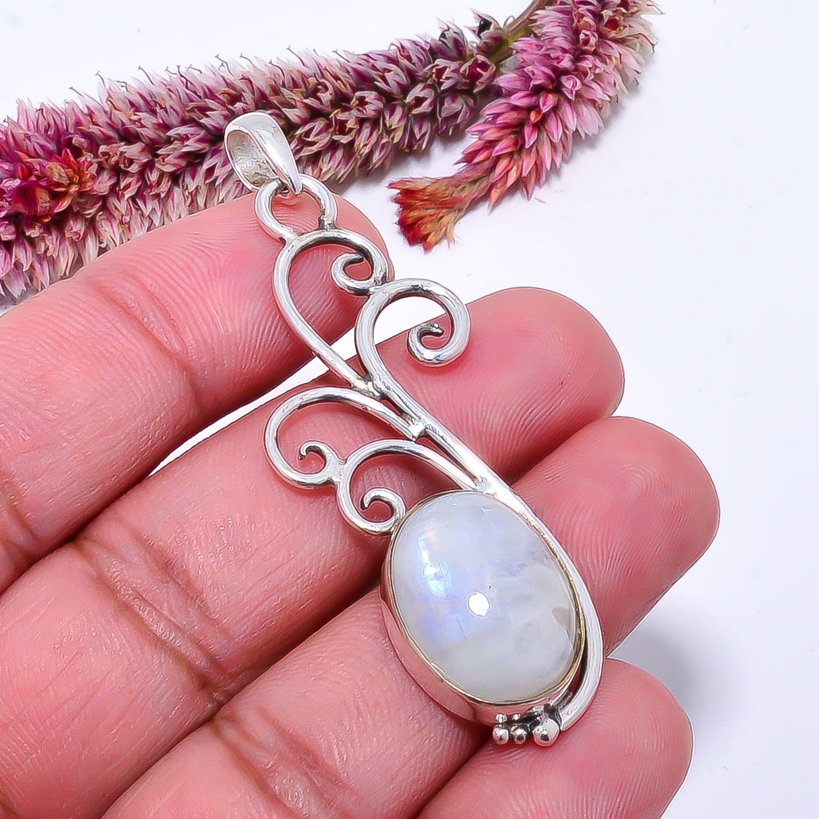 Rainbow Moonstone – India Designer Handmade 925 Sterling Silver Pendant 2.42″ P6