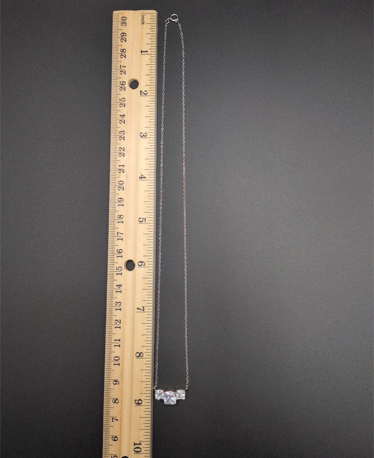 Necklace Three Triple Cushion Cut Clear Colorless Rhinestones 18.25″ 925 Silver