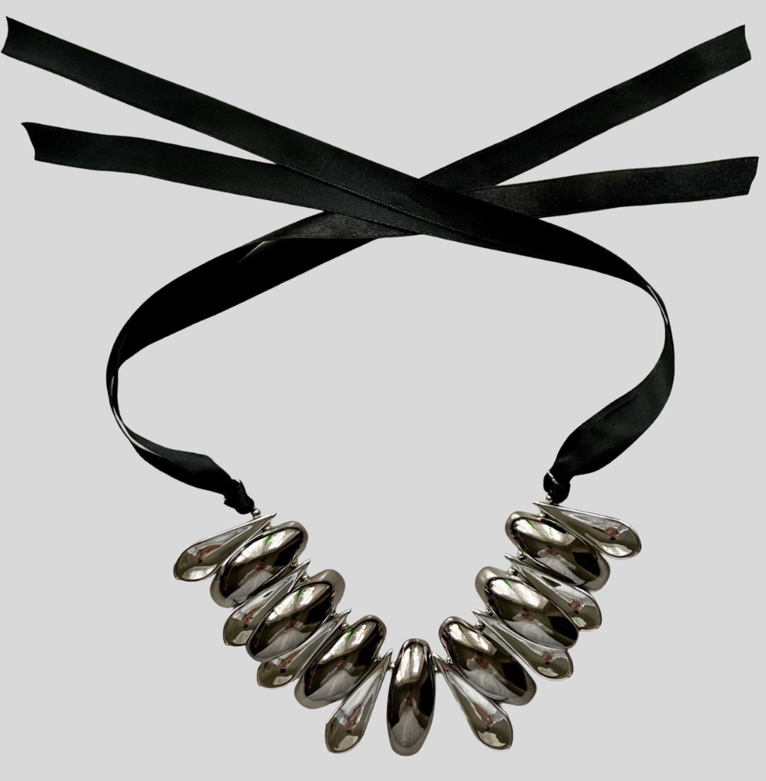 Statement Silver Gunmetal Tone Collar Necklace Nugget Choker Bib Adjustable Ties