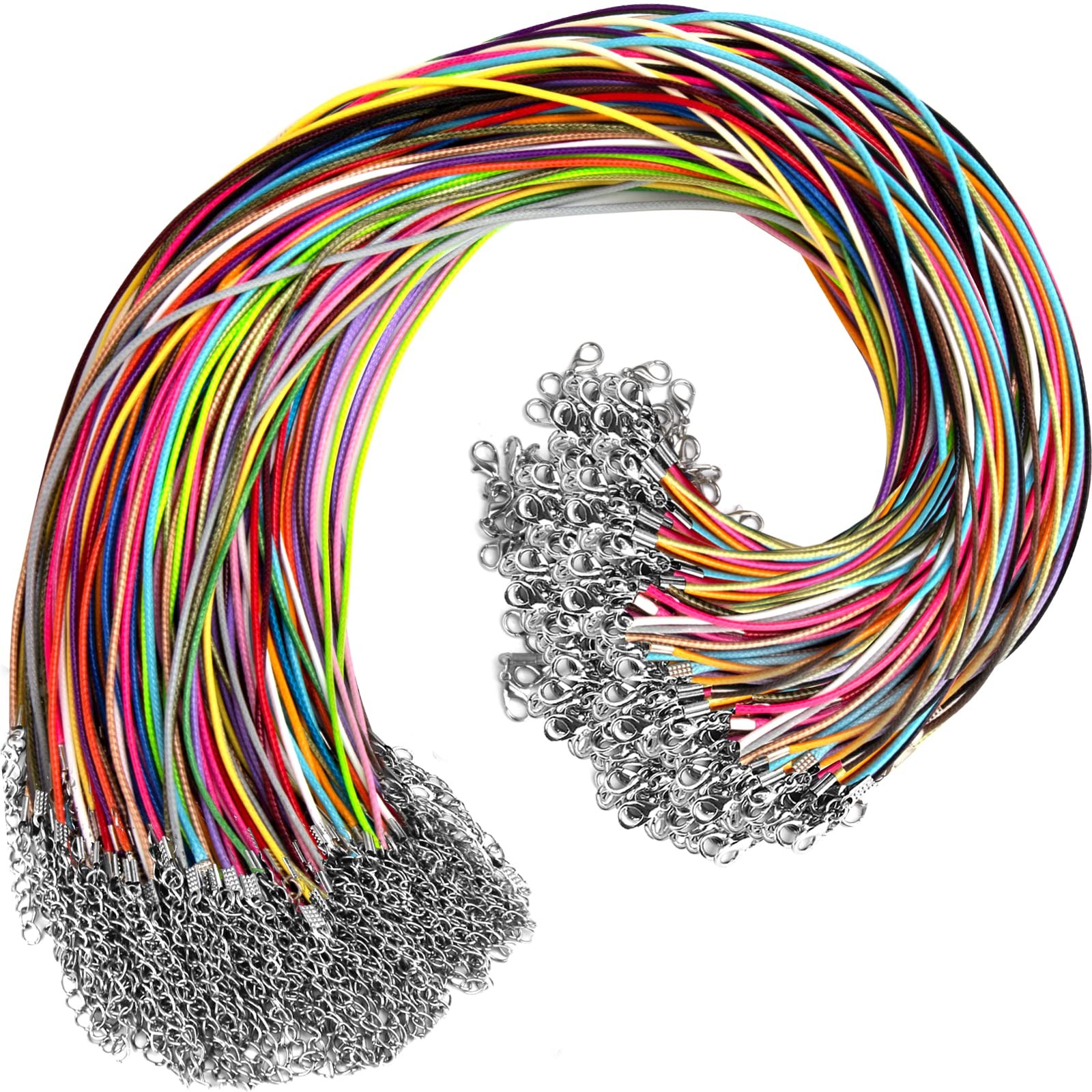 100 Pcs Leather Necklace Cords with Clasps – 19.7″ Waxed String – Multicolor