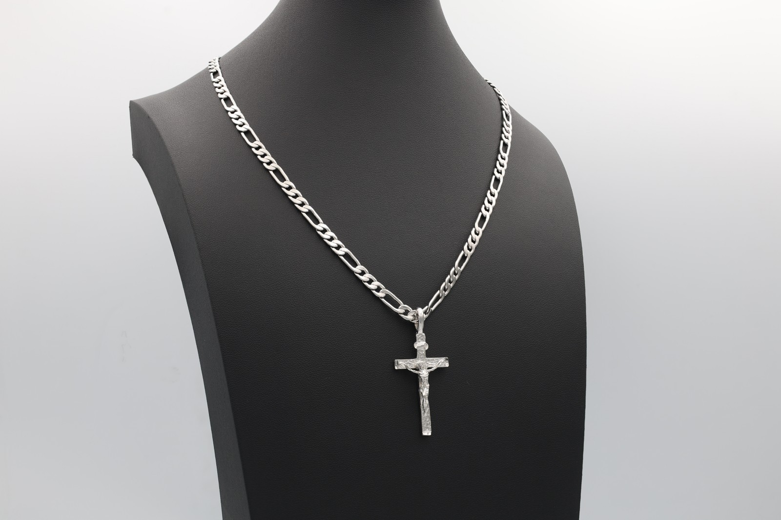 Silver Crucifix Necklace: 5mm Figaro Chain, Rhodium Plated, Men’s Necklace