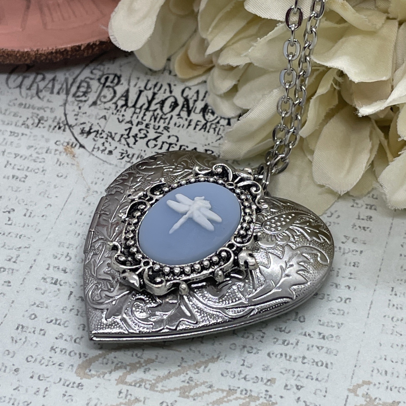 Heart Silver Cameo Blue New Dragonfly Locket Necklace Photo Memorial wedding