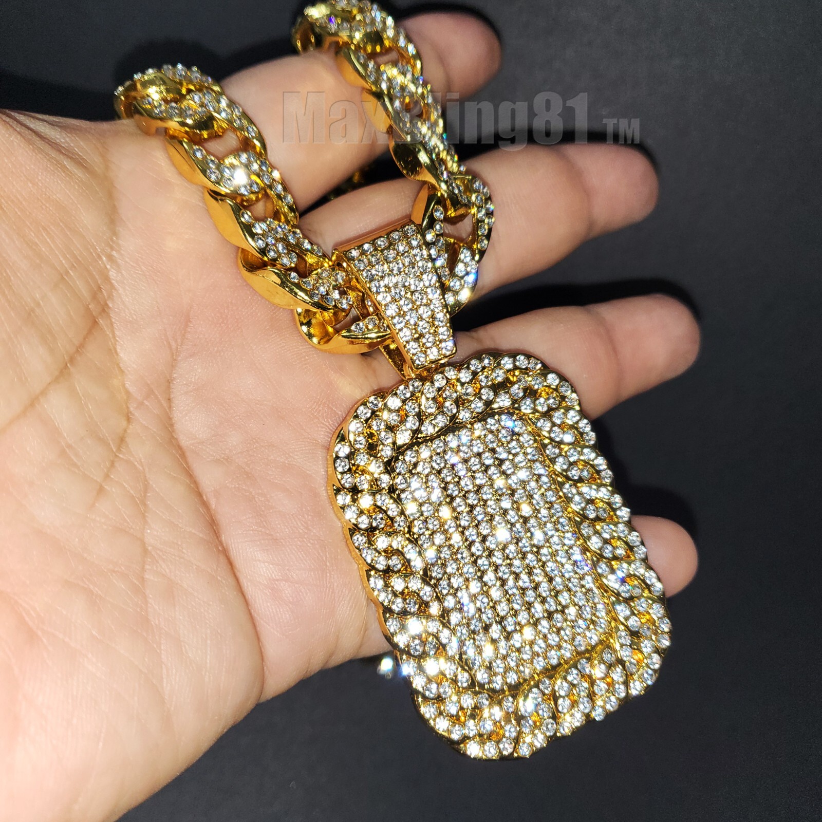 Cubic Zirconia Bling Large Dog Tag pendant 18″ Iced Cuban Choker Chain Necklace