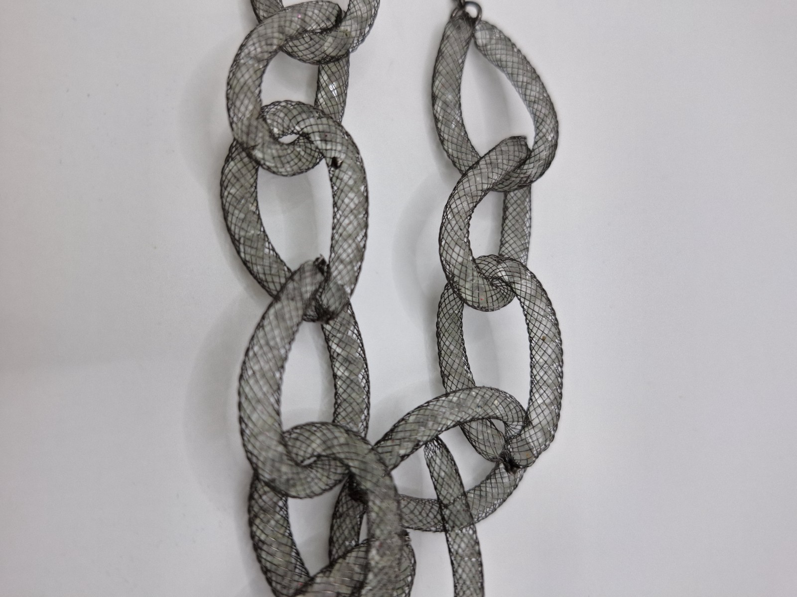 Black Mesh Tube Link Necklace Clear Rhinestone Bead Statement Jewelry
