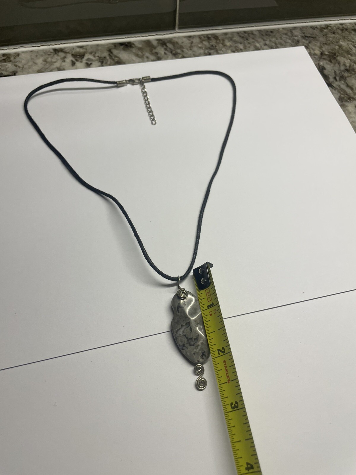 Women’s Grey Natural Stone Pendant / Black Cord Costume Necklace
