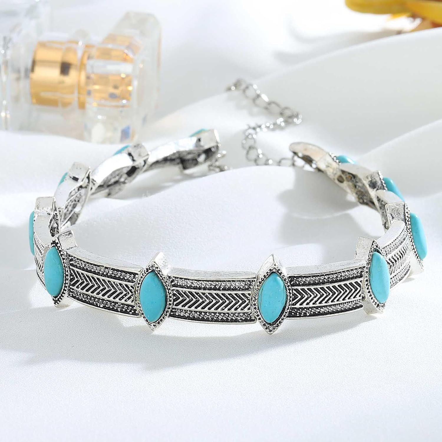 Turquoise Choker Necklace Women Boho Western Silver Tibetan Tribal Statement