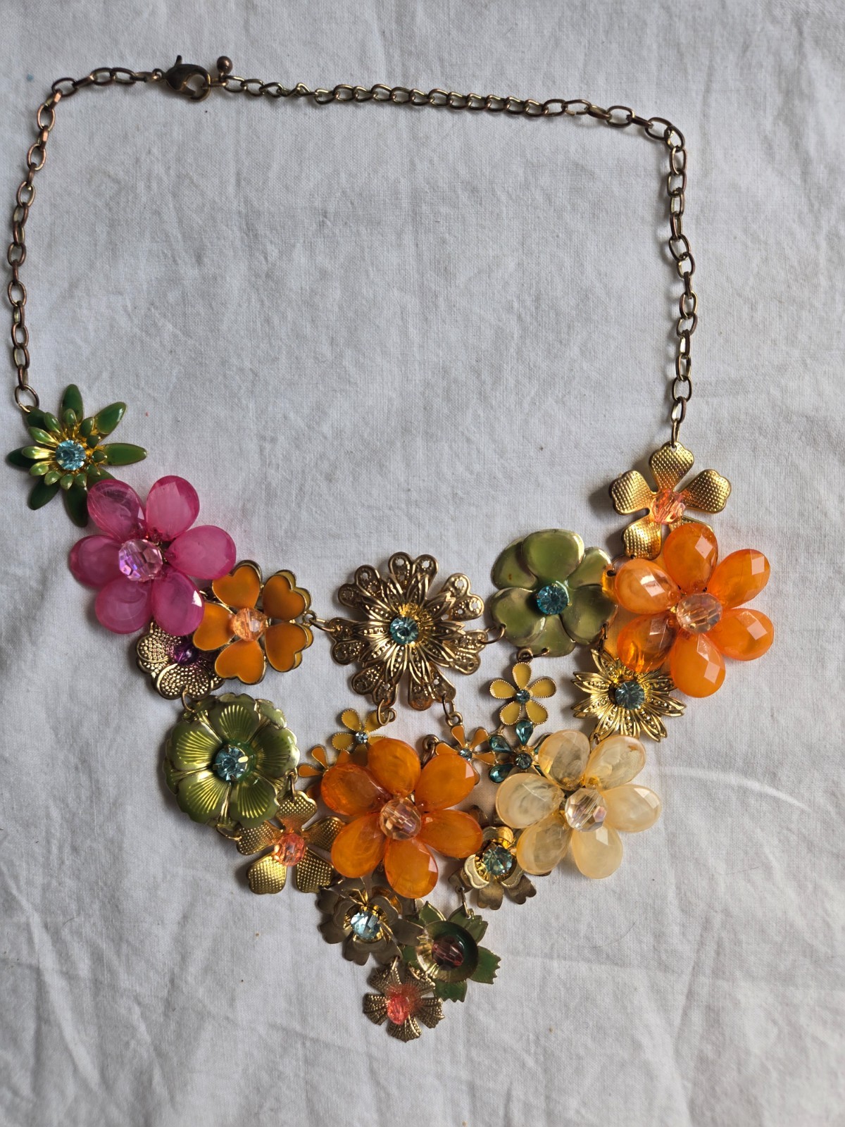 Floral Statement Necklace in Orange , Pink, Grean and Cream with Gold Tones # II