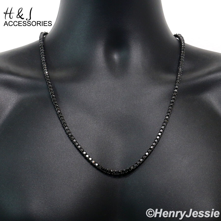 14K BLACK GOLD PLATED 18″20″24″X4MM BLACK ICY 1 ROW TENNIS CZ CHAIN NECKLACE*BN2