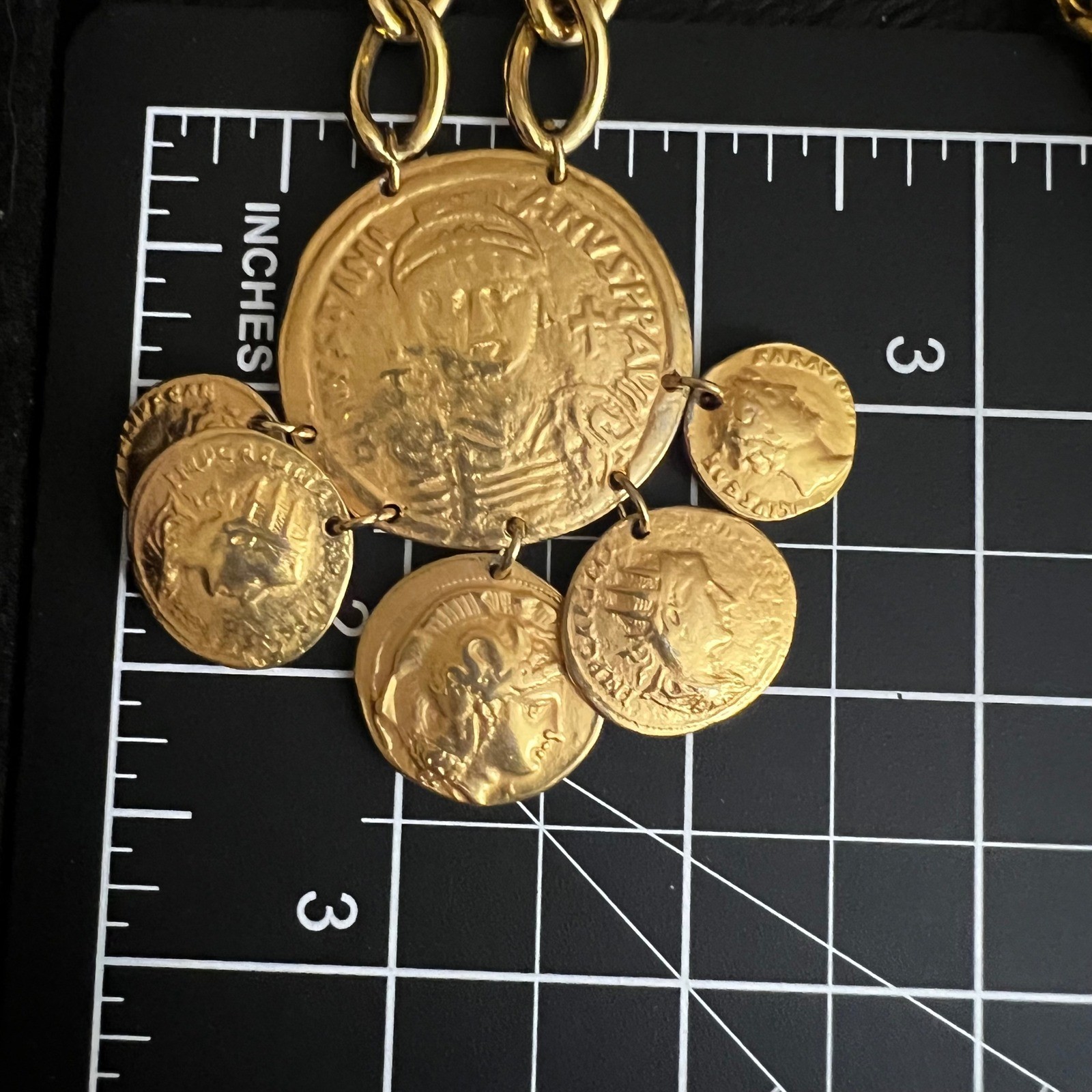 Gold Tone Roman Coin Medallion Chunky Curb Chain Necklace 30″ Dark Academia