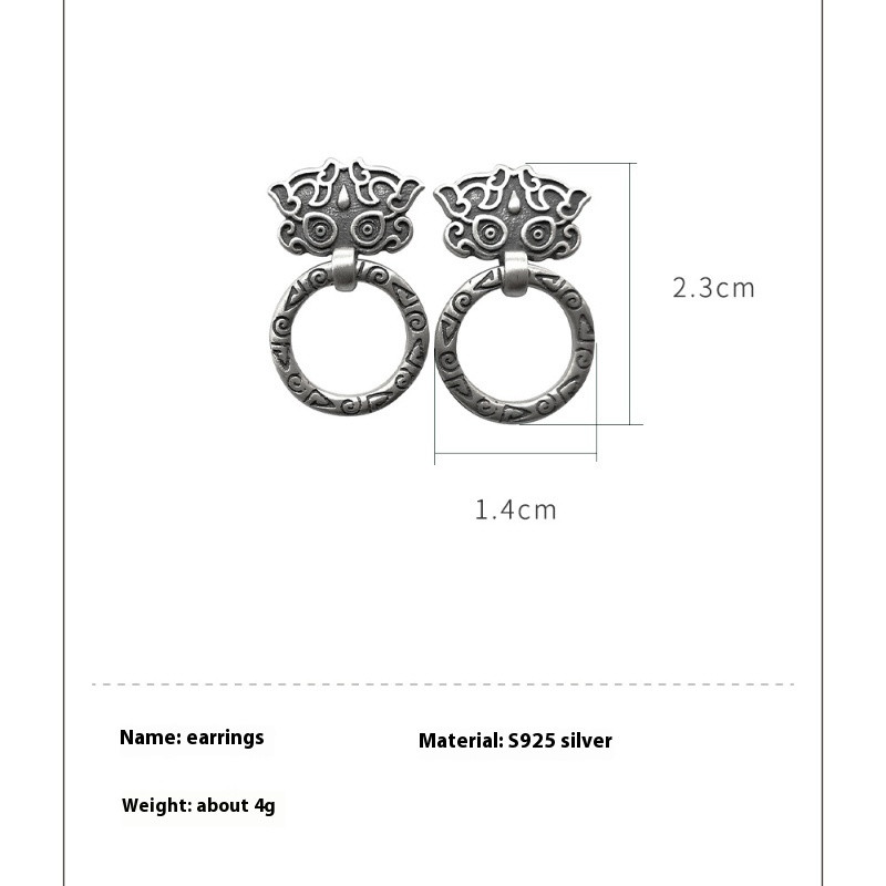 THAI Door Knocker Earrings Ornate Dangle Hoop Vintage Stud S925 Sterling Silver