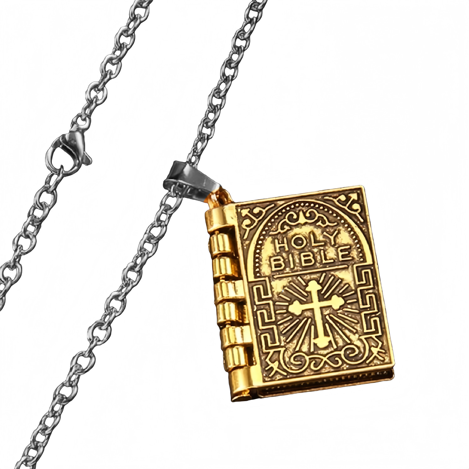 Bible Book Pendant Necklace Vintage Gold Cross Unique Jewelry For Men Women US