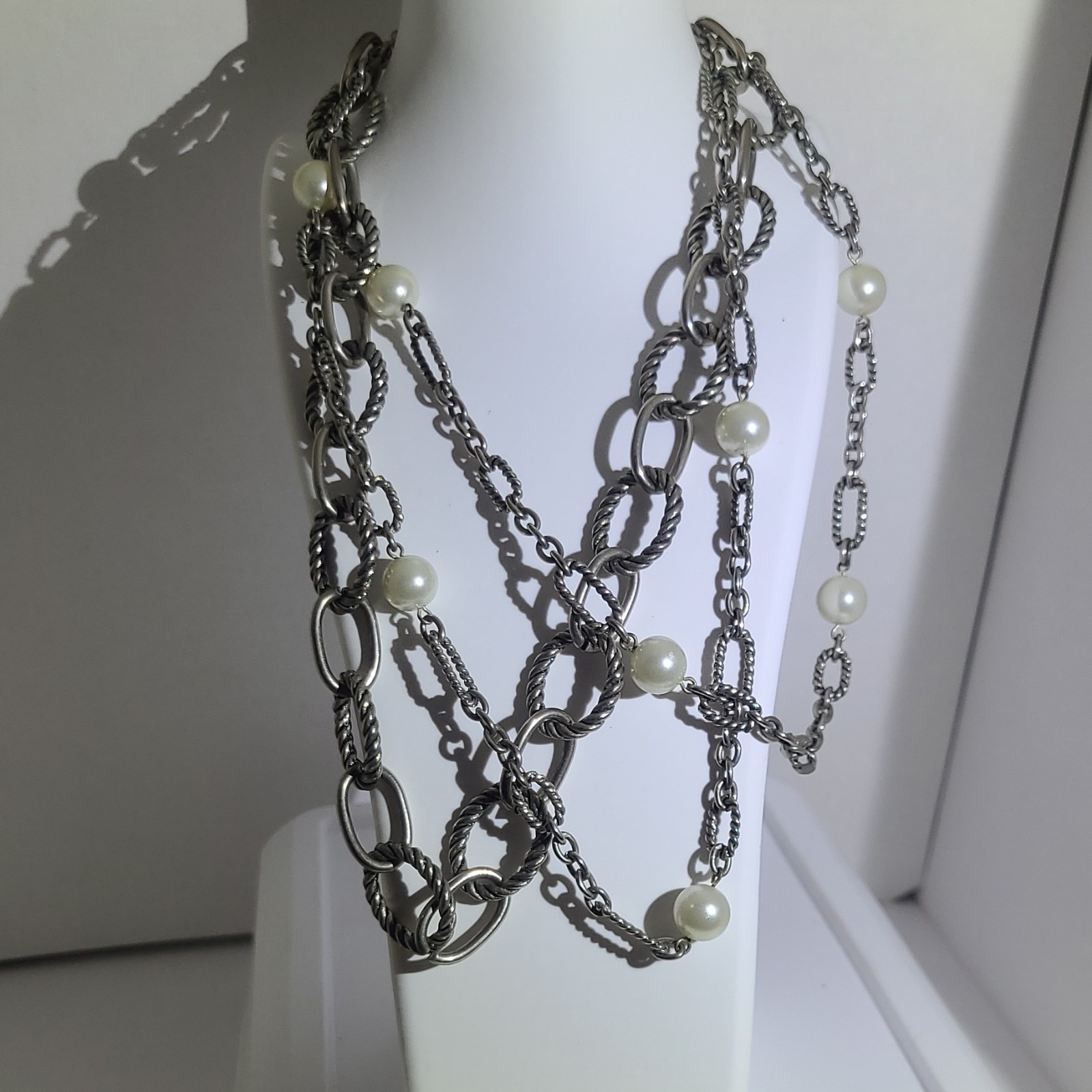 Belisimo By PREMIER Silver Tone Layered MultiStrand Chain Necklace Pearls Toggle