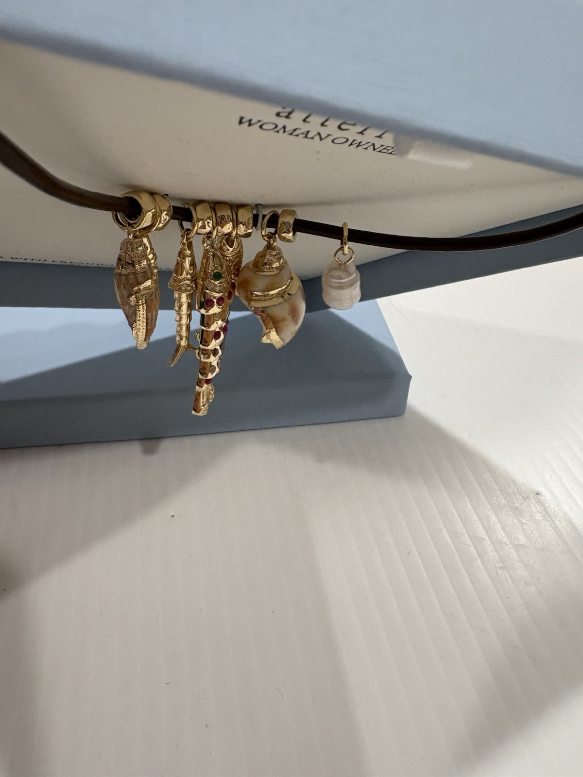 ATTERRI CHARM NECKLACE GENUINE LEATHER W FRESH WATER PEARL CUBIC ZIRCONIA &SHELL